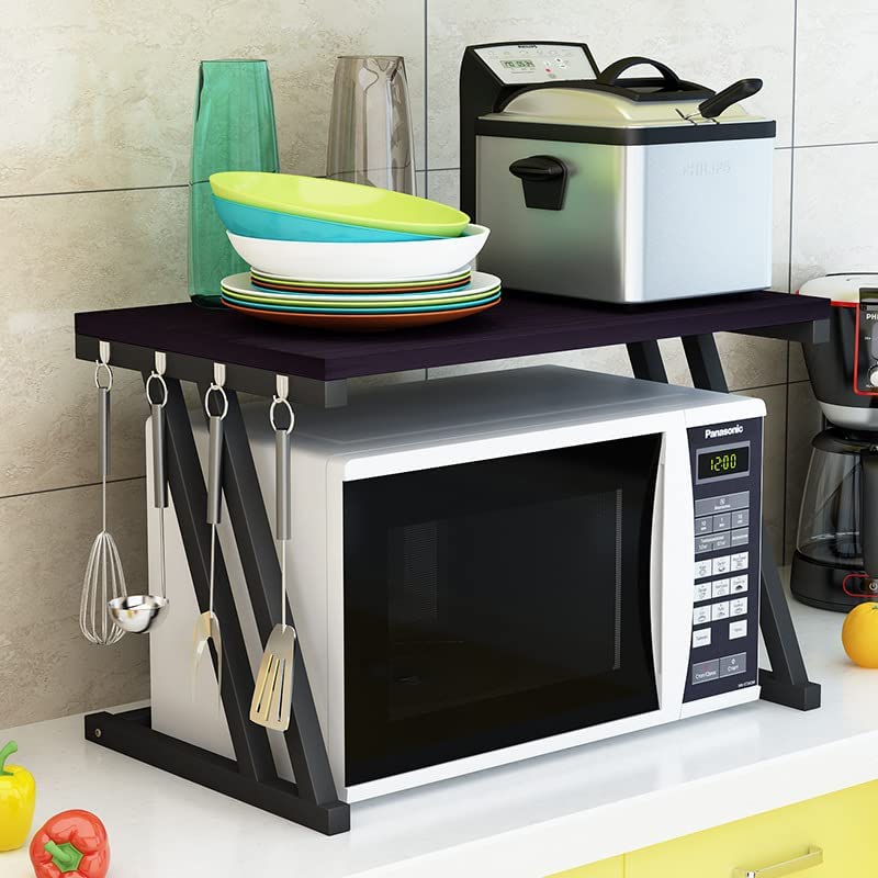 Image of CANCRI 22700 Z Series 2-Layer Microwave Stand | Metal & Wooden Kitchen Platform Rack with Storage Shelf | Oven, Toaster & Appliance Organizer (Black & Brown)
