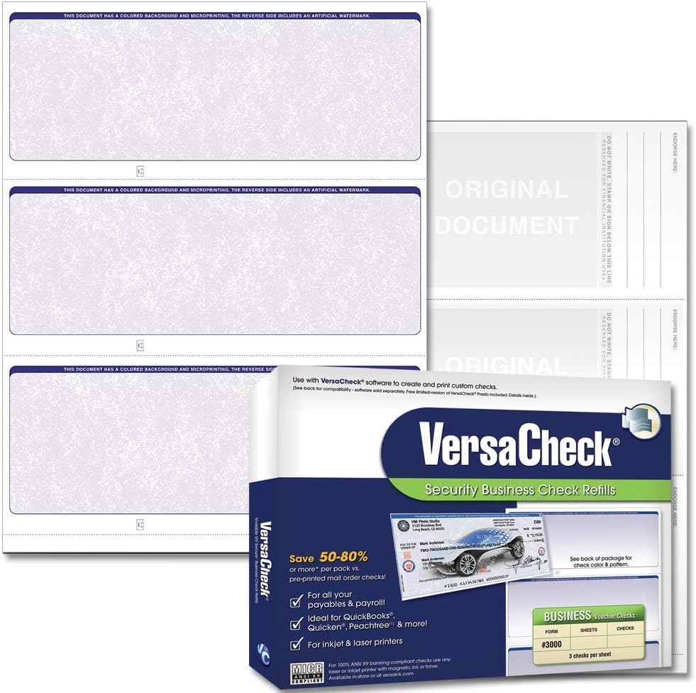 VersaCheck Secure Checks - 750 Blank Business Checks - Blue Classic - 250 Sheets Form #3000 - 3 Per Sheet