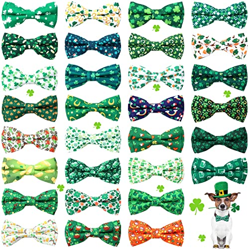 30 Stück St. Patrick's Halsband Hund Fliege Kleeblatt Schleifen für Hunde Fliege Befestigung mit Gummibändern Hundehalsband Abnehmbare Charms für Hunde Halsband Fellpflege Zubehör St. Particks Kostüm Cover