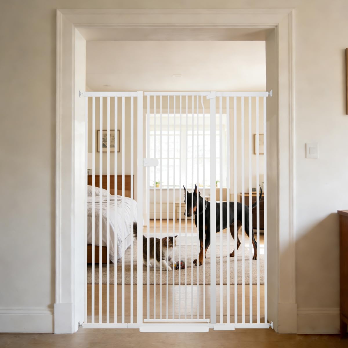 Photo 1 of Lumizone Extra Tall Cat Gate 61.02" High Pressure Mounted 29.92"-59.44" Extra Wide 1.37" Gap No Drilling Auto-Close One-Handed Operation Tall Pet Gate for Dogs(White, 61.02" H x 29.92"-59.44" W)