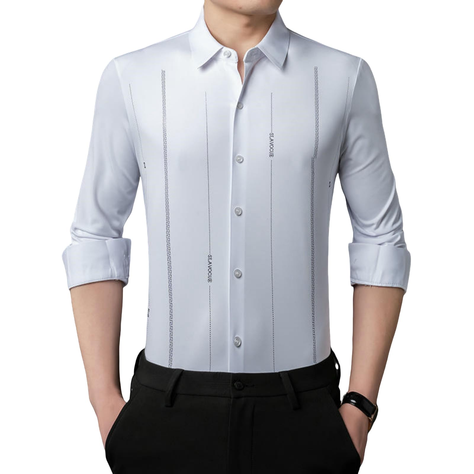 Camisa de manga larga a rayas verticales sin costuras para hombre primavera sin costuras