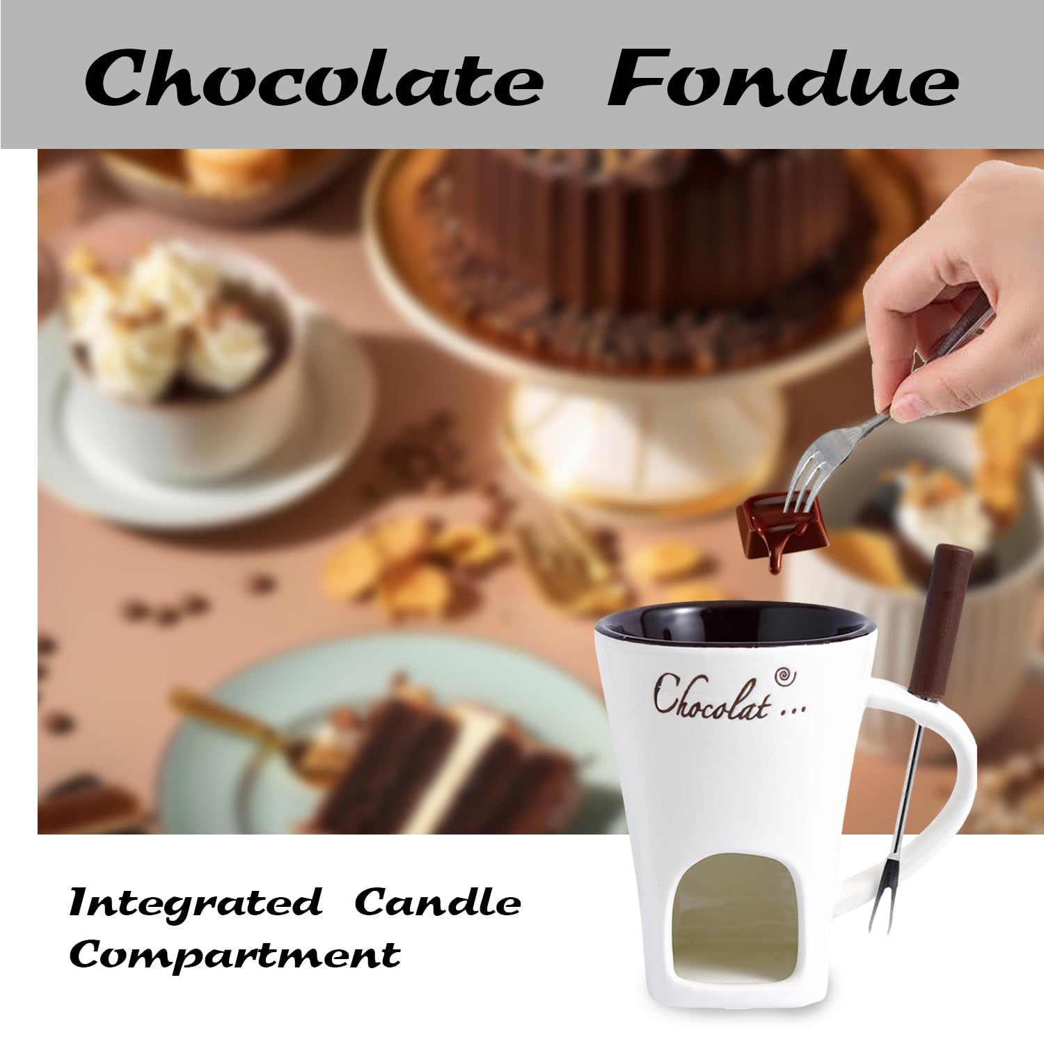 Huipalon Chocolate Fondue Set Fondue Mug & Fondue Forks Hot Chocolate Mug with Candle Holder Ceramic Fondue Pot Melting Cup Mug Gift Fondue Cheese Chocolate Mini Fondue Set for Office School Home - Image 4