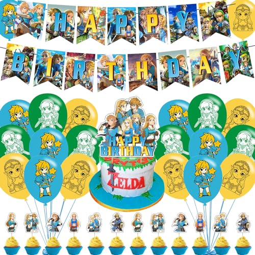 ELZEM 𝓩𝓮𝓵𝓭𝓪 Party Decorations,Legend Game Birthday Party Supplies Includes Banner- Cake Topper - 12 Cupcake Toppers - 18 Balloons, Blue