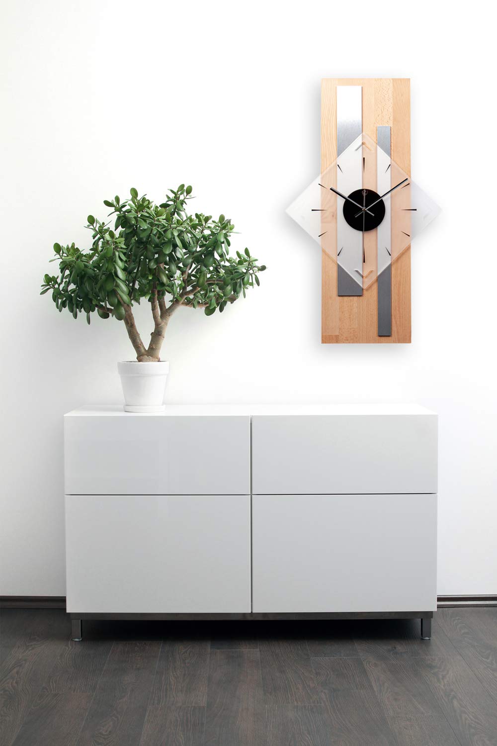 Kreative Feder Moderne Designer Holz Alu Wanduhr leise ohne Ticken 60x30cm (Buche, leises Quarzuhrwerk)