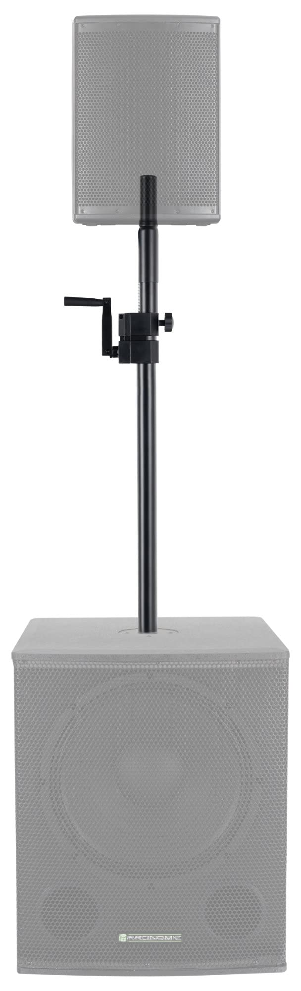 Pronomic Distanzstange/Distanzrohr M20 mit Kurbel, Distanzstange aus Stahl | Zur Montage von Topteilen auf Subwoofer, Ausklappbare Kurbel zur Höheneinstellung, Schraub-Version mit M20-Gewinde, 3 kg