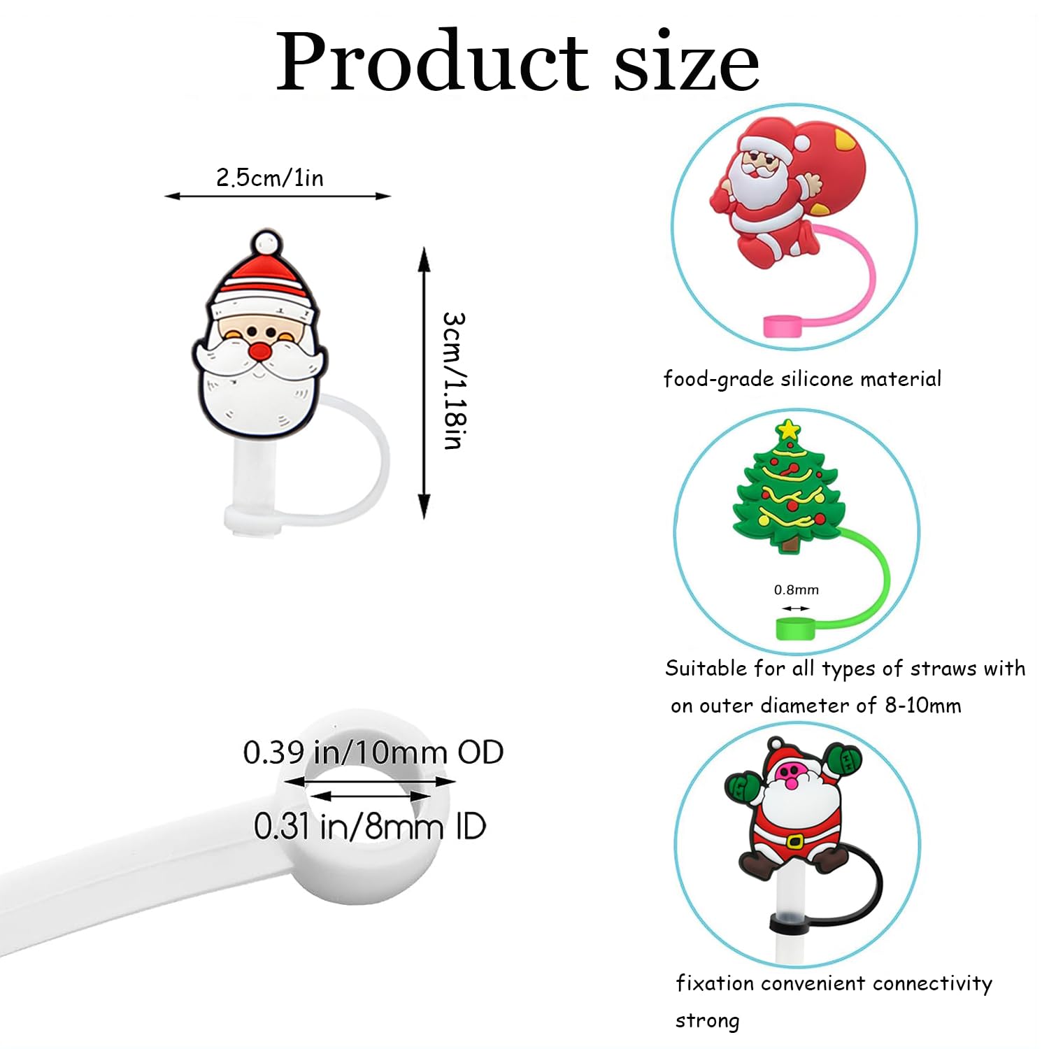 12Pcs Straw Covers Cap for Stanley Cup,Christmas Silicone Straw Cover Straw Toppers Compatible with Stanley 30&40 Oz Tumbler Cute Santa Claus Snow Christmas Tree for Stanley Cup Accessories