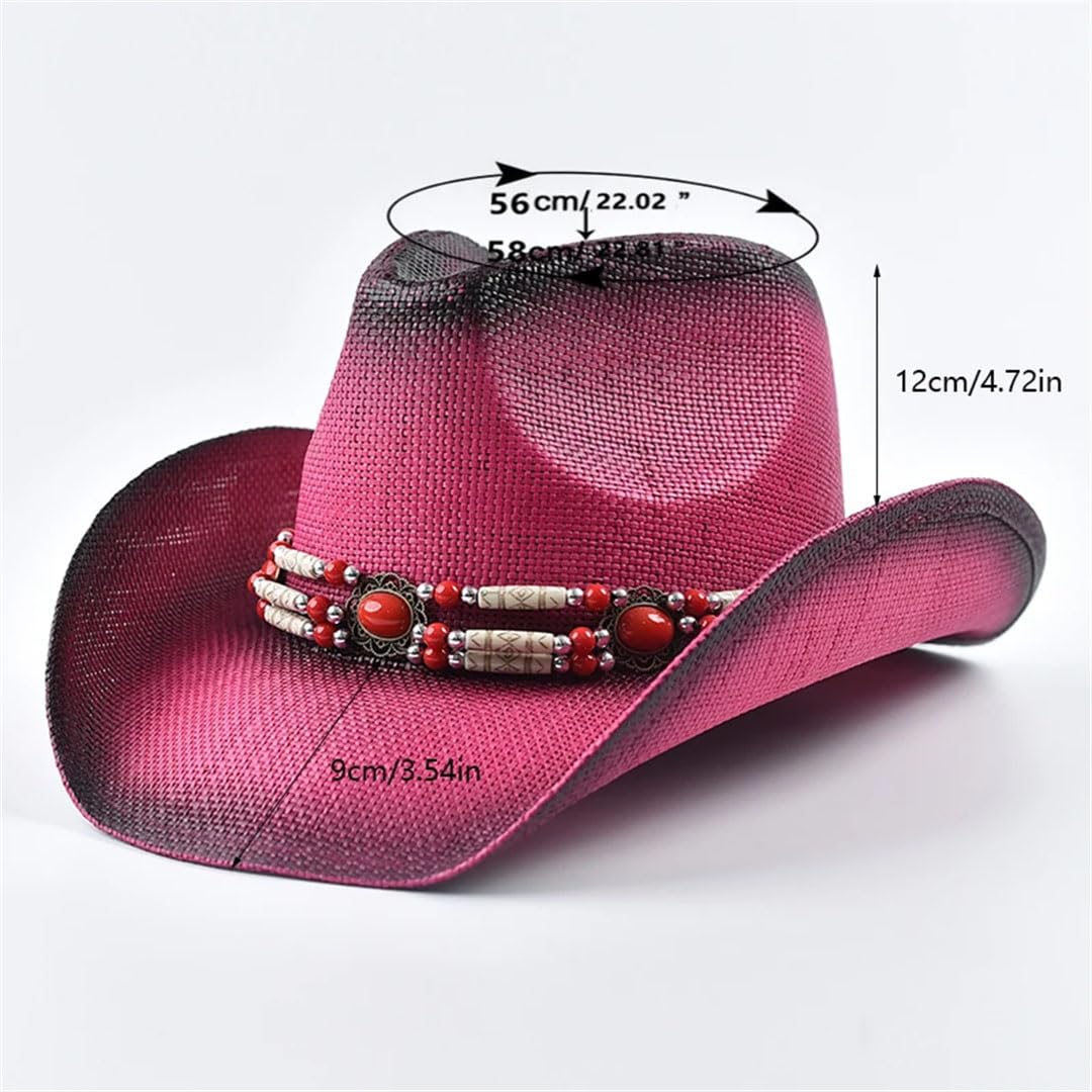 Cappelli da sole da donna in paglia stile occidentale per donna vintage bordo arricciato cowgirl jazz cappello da spiaggia, Rosa, Etichettalia unica