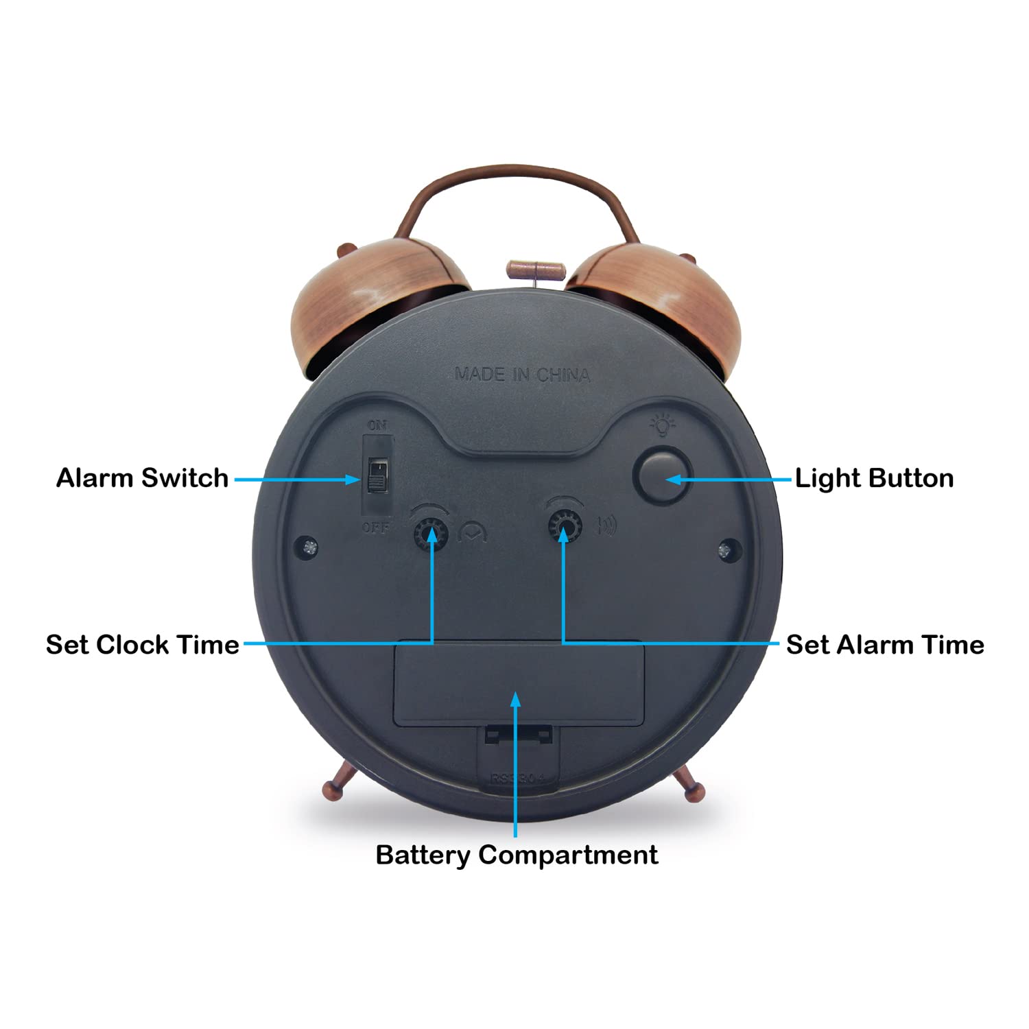 Königswerk Loud Bell Alarm Clock Battery Operated with Night Light Non-Ticking Table Desk Bedroom Analog Clock for Heavy Sleepers, Adults, Kids, Red Brown