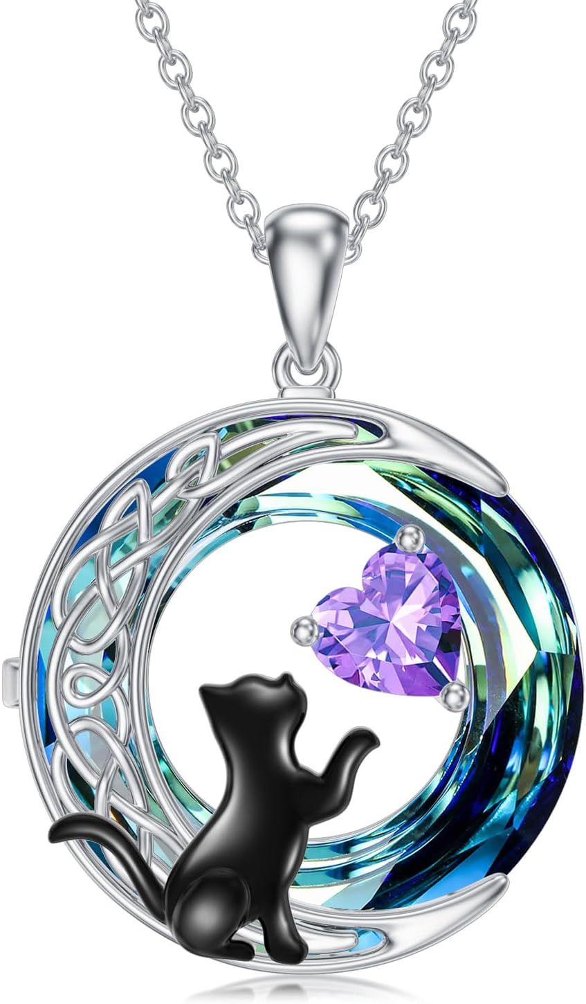 TOUPOP Cat Gifts for Cats Lovers 925 Sterling Silver Black Cat Necklace Celtic Moon Birthstone Jewelry for Women Valentines Day Birthday Gifts for Her