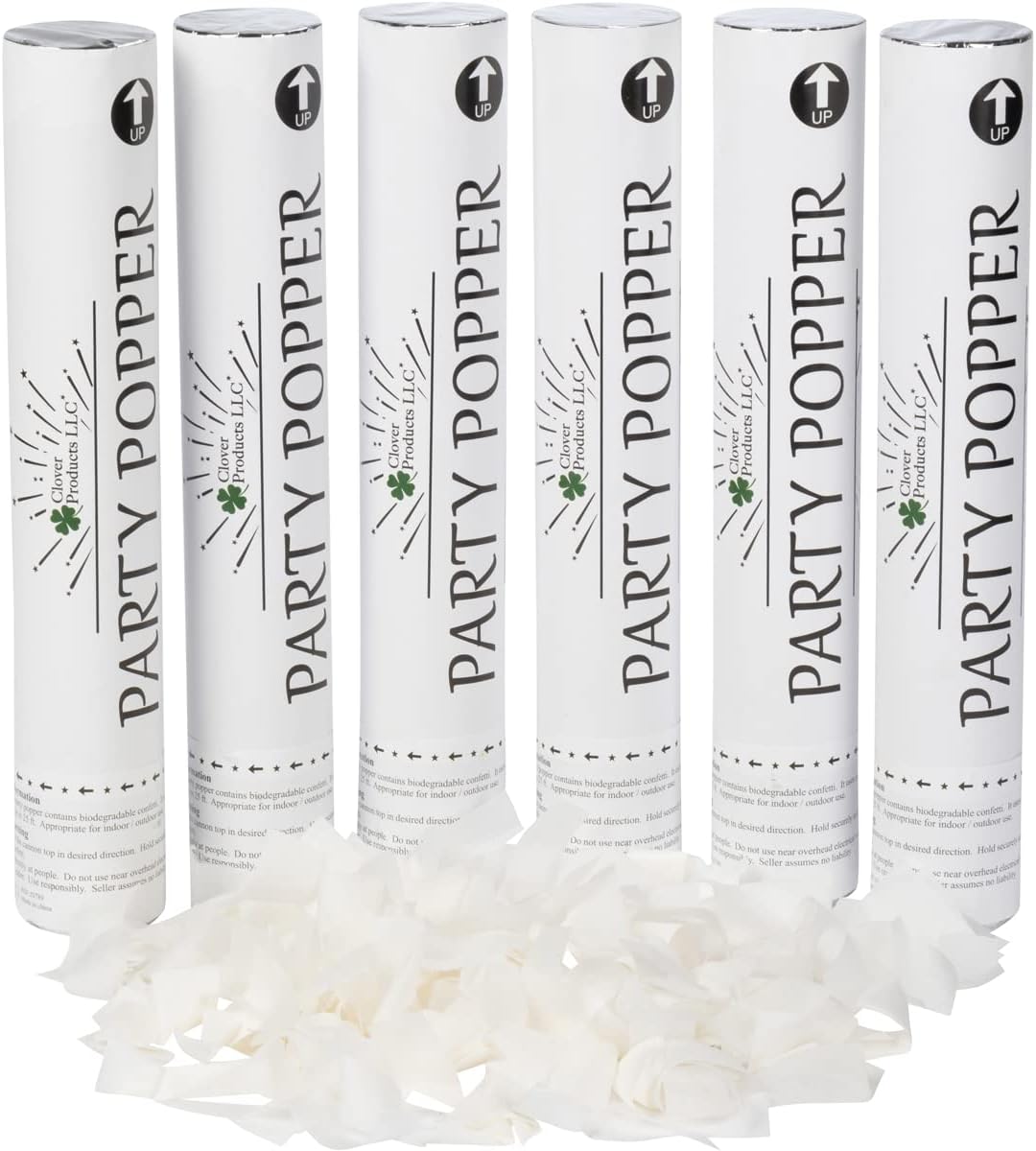 Clover Products 12" Biodegradable Confetti Cannons | 6 Pack | White Poppers for Weddings, Birthdays & Events | Air-Powered, Safe & Easy to Use | Shoots 25 Feet for Indoor & Outdoor Celebrations
