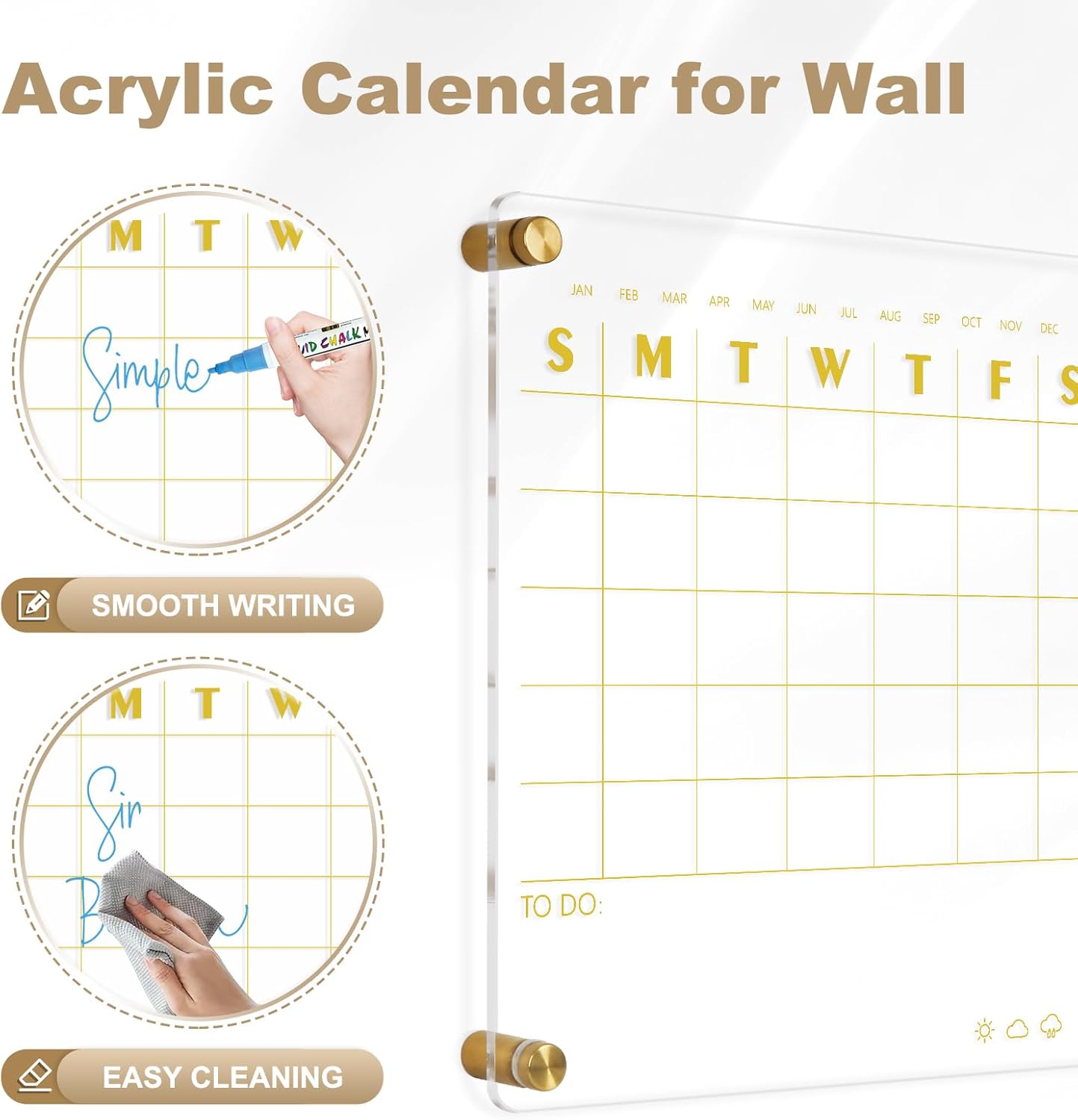small acrylic calendar for wall, 12" x 14" golden clear acrylic wall calendar, clear wet & dry erase board hanging frameless weekly planner for office, home or school, 2 markers gold 12''w x 14''h