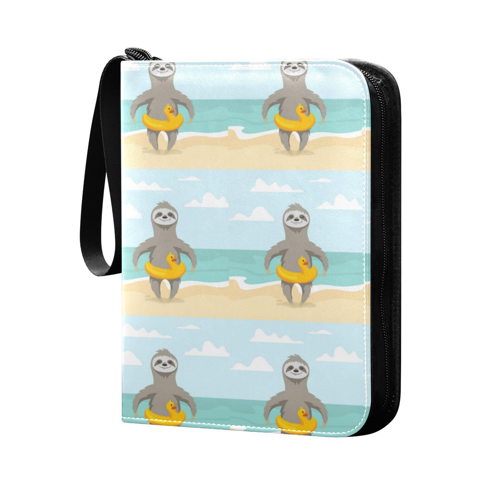 Oyihfvs Happy Cute Sloth on Ocean Beach with Yellow Duck Inflatable Circle PU Leather Card Storage Bag, With Zipper Waterproof 50 Pages 400 Slots Card Bag for Students Home School 15.74 x 9.64 inch