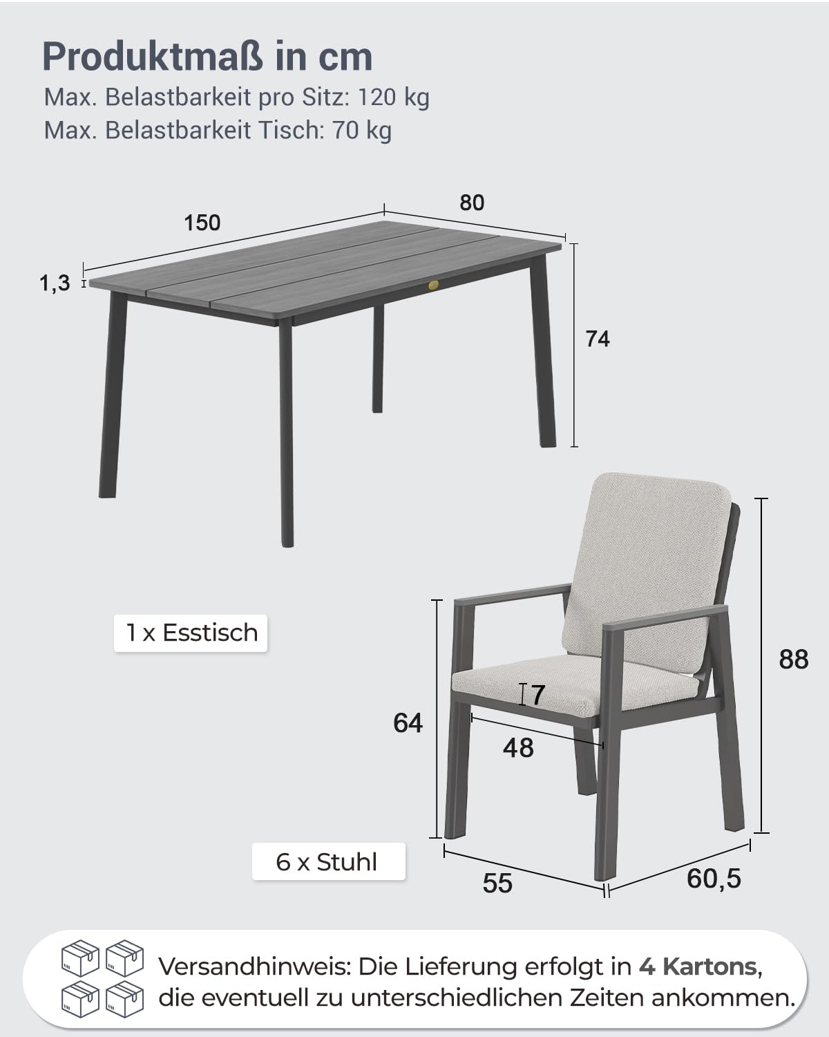 Atenza Gartenmöbel Set 7-teilig wetterfest, Tisch 150x80 cm, 6 Stühle | Aluminiumgestell, PS-Holzoptikplatte, Auflagen mit Haltebändern, verstellbare Füße, für Terrasse Garten Balkon