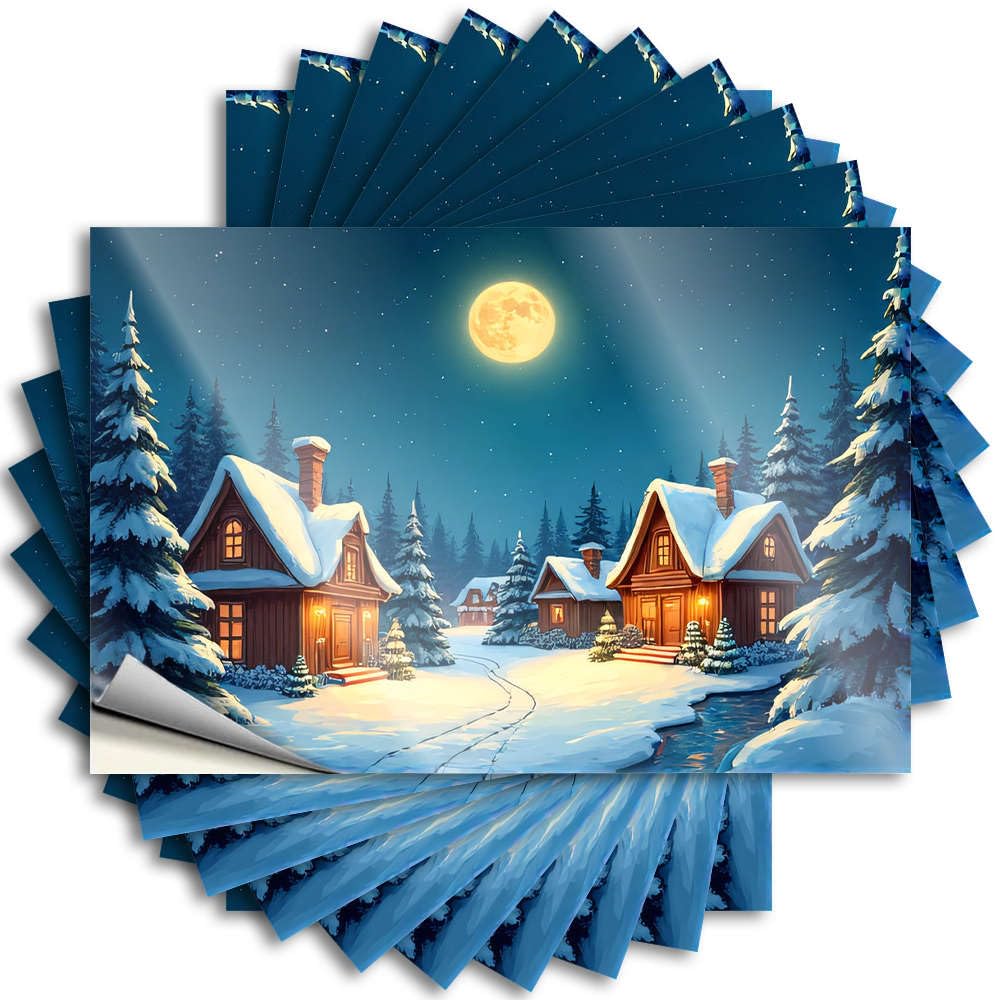 Sets Tattoos Durable Bottle | Snowy Village Under A Full Moon Western Self Adhesive Sticker for Gamer DIY(6X9CM)