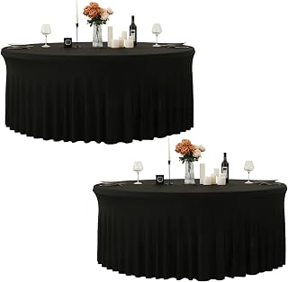 2 Pack 132inch Black Round Tablecloth, Circle Stretch Table Cloths for 6 FT Tables, Wrinkle Free Round Table Skirt for Wedding Birthday Photography Graduation Ceremonies Retirement Party Decorations