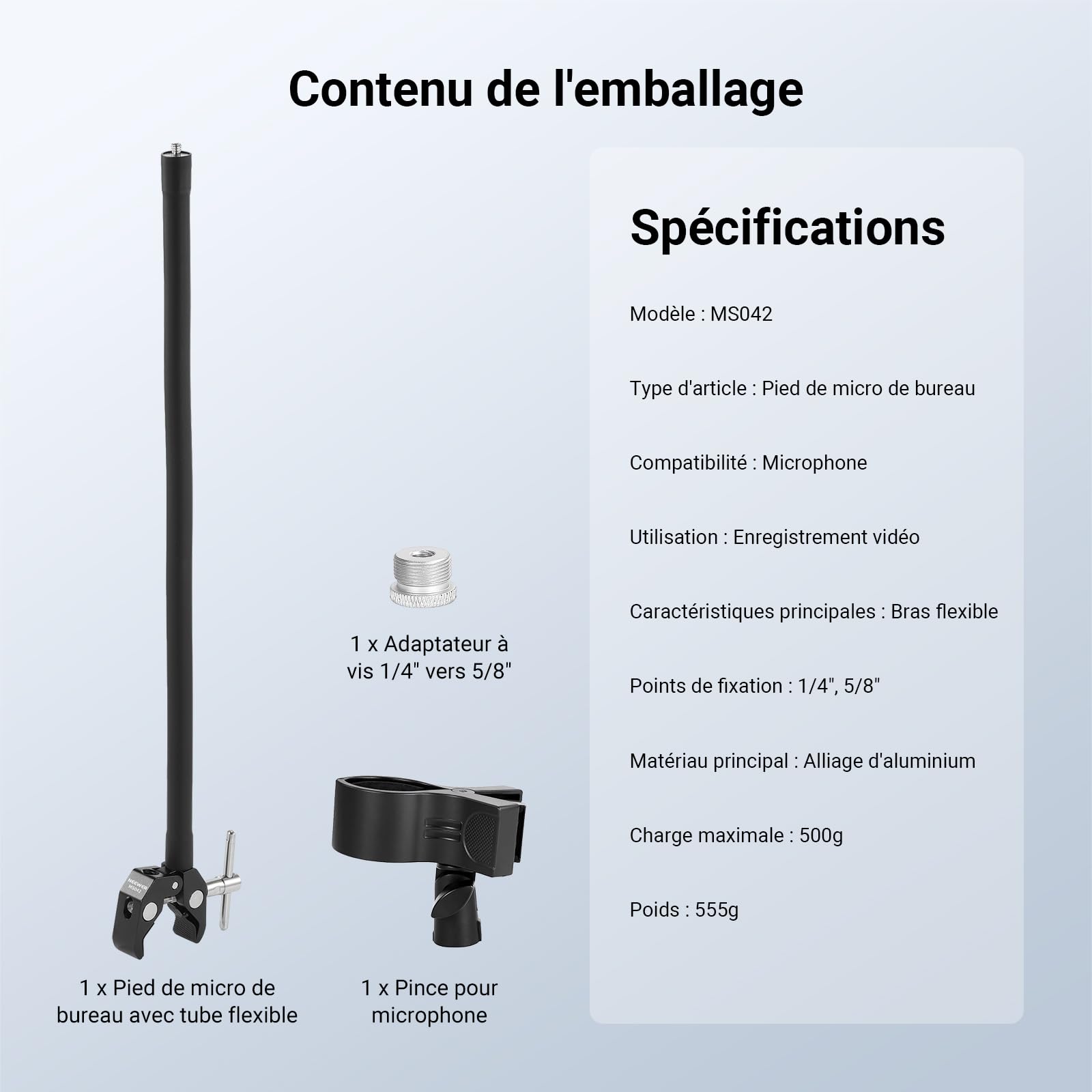 NEEWER Support microphone de table avec bras flexible, support micro de bureau réglable avec clip et adaptateur 1/4" à 5/8" compatible avec Shure Razer Seiren Mini Audio Technica AT2020, MS042