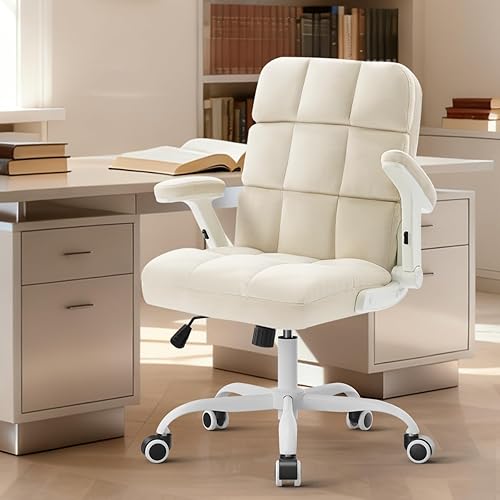 Miniatura 10 de SEATZONE Silla de oficina en casa, silla de escritorio de terciopelo beige con ruedas, cómoda silla de trabajo para computadora con brazos abatibles