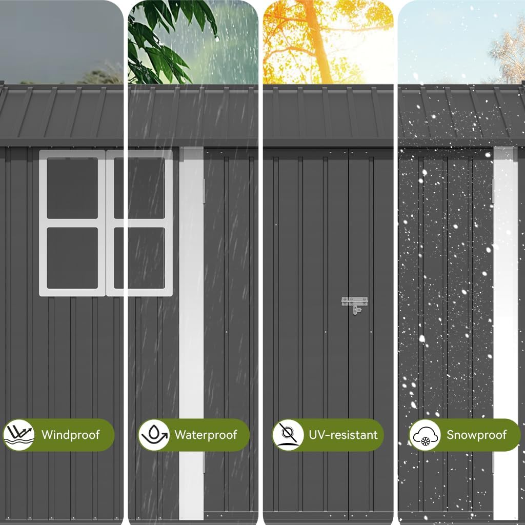 COMHOMA Shed Storage Outdoor Metal Windowed Lockable Garden Toolhouse Weatherproof Ventilated Backyard Utility Workshop(Grey,8'x6')