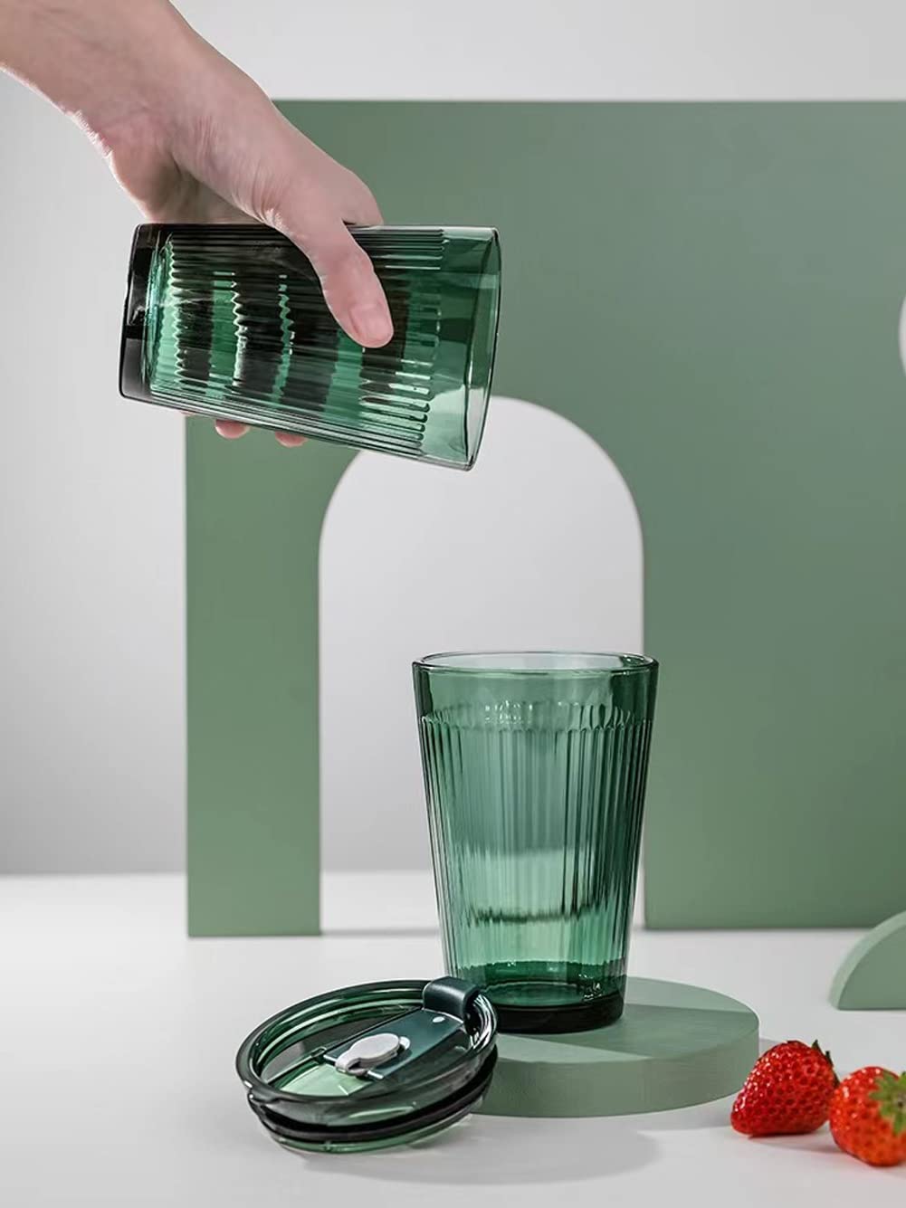 HSMHLYYB 2 stuks glazen bekers met deksel en rietje, 400 ml, matcha-glas, ijskoffieglazen, luchtdicht waterdicht design, smoothiebekers voor sap, water, thee, melk, latte