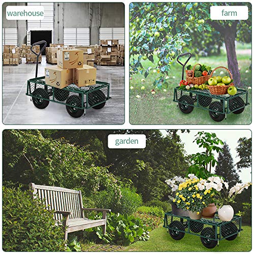 Garden Cart Yard Dump Cart Wagon Carrier With Sturdy Steel Frame & 11" Pneumatic Tires, 400Lbs Weight Capacity, Heavy Duty Utility Wheelbarrow Garden Dump Cart For Outdoor Lawn Landscape, Green #TOP5
