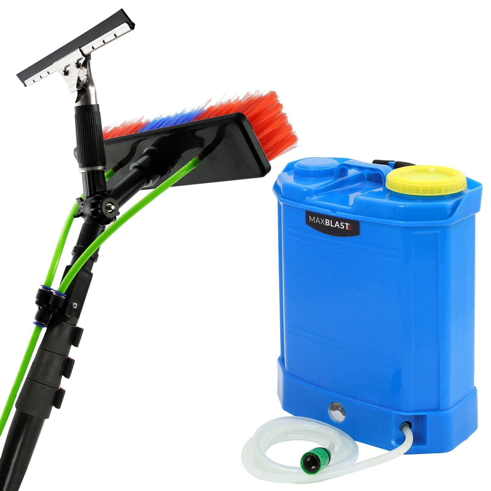 Maxblast Blue 16L Water Fed Window Cleaning Pole & Trolley System, 20Ft Telescopic Aluminium Pole With Brush & Squeegee, Battery Powered Mobile Cleaner
