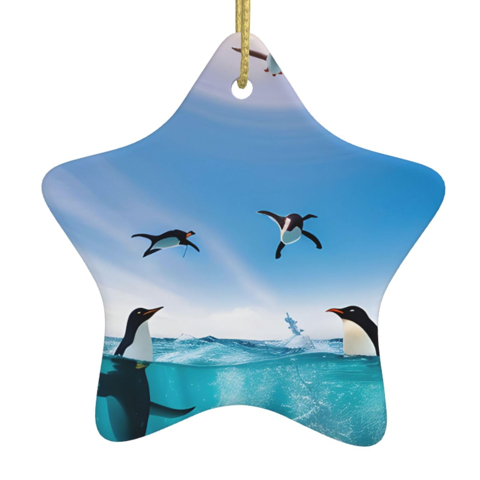 Nbtghga White Happy Penguin In The Water Print Christmas Ornaments, Ceramic Hanging Ornament, Round Shape Decorations