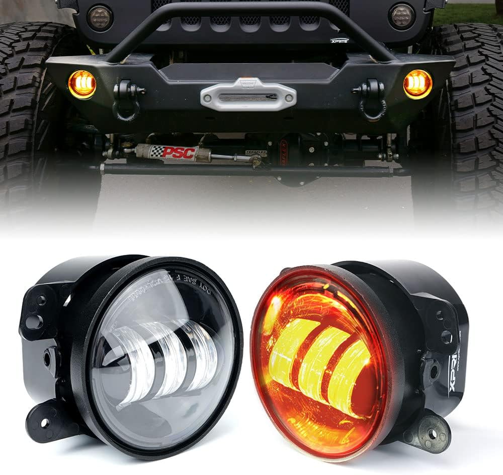 Xprite 4" Inch Amber LED Fog Light Compatible with 2007-2018 Jeep Wrangler JK Unlimited JKu, Driving Offroad Foglights, DOT Approved Front Bumper Replacements Fog Lamps, Amber