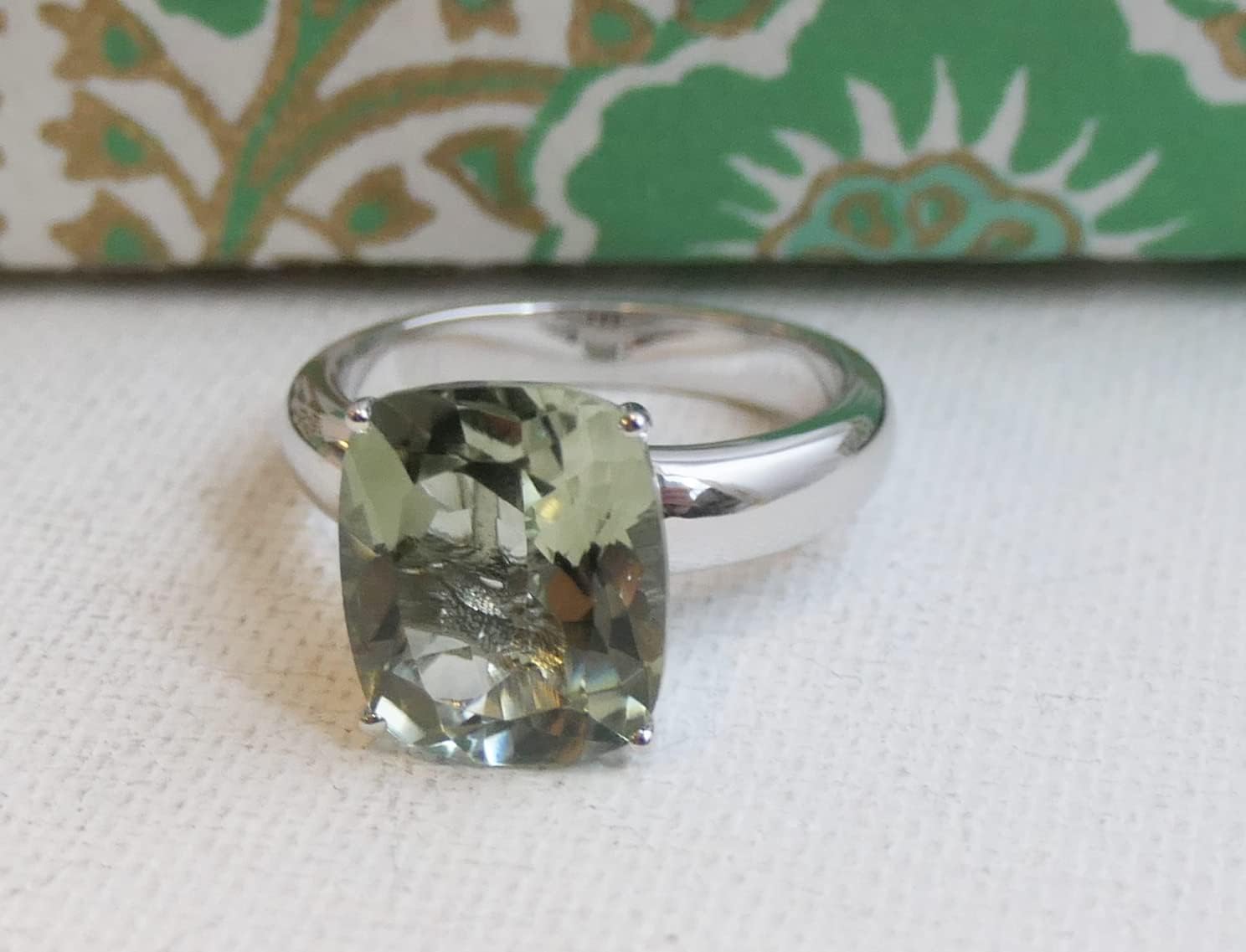 Green Amethyst Cushion Cut Ring 10x12mm - Solid 925 Sterling Silver - Natural Prasiolite Gemstone, Scandinavian Handmade Fine Jewelry for Women
