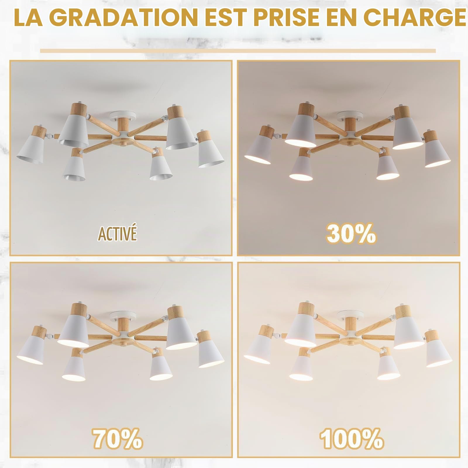 Blanc Plafonnier Cuisine 6 LumièRes,Bois Et Fer Luminaires IntéRieur Lampe À Bras LéGer RéGlable Lustre Salon E27 Ø82Cm Moderne Abat Jour Plafond Pour Chambre Maison