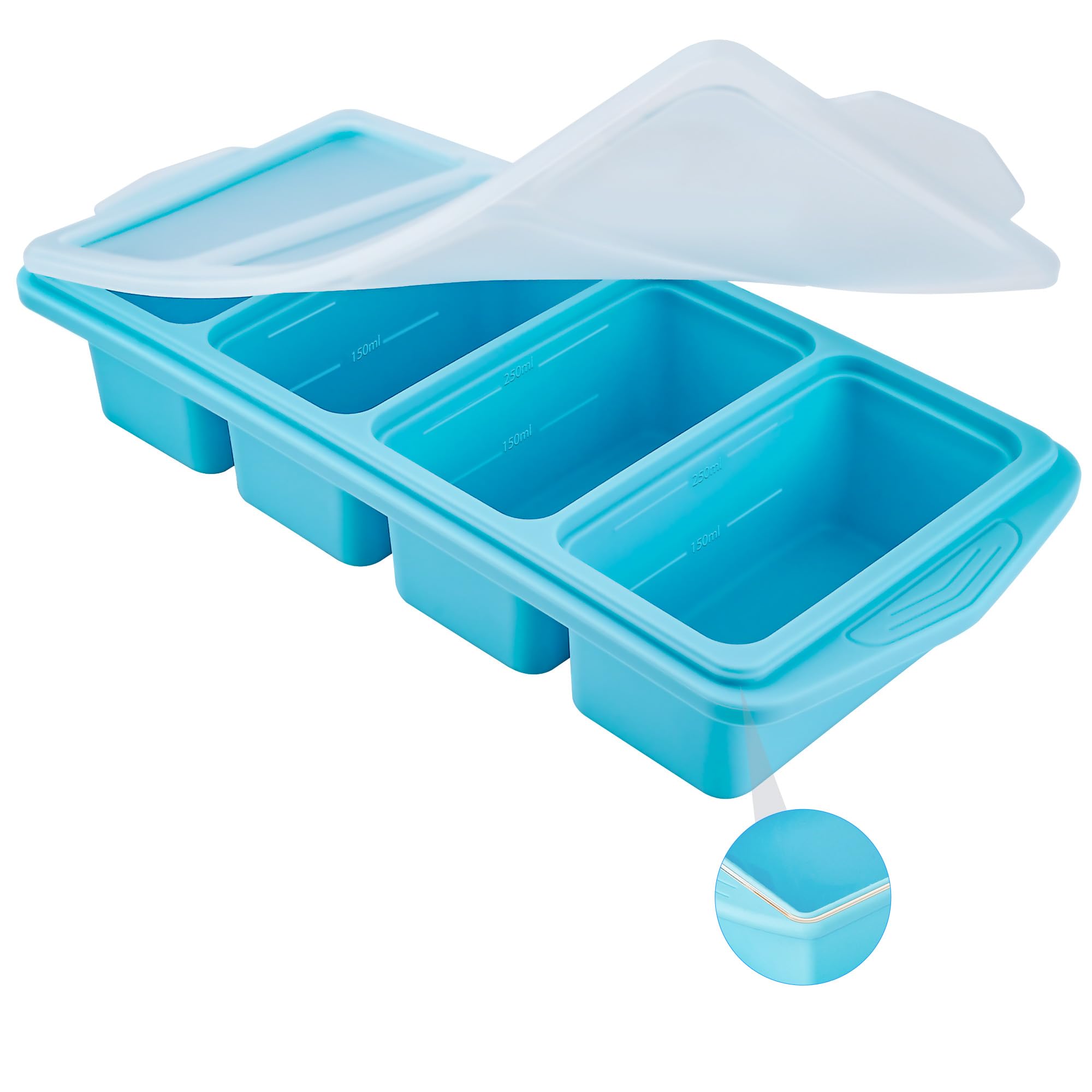 QUELIEN Silikon Gefriertablett mit Deckel – Serenity Blau, große Silikonformen mit 2 Portionen 1/2 Cup & 1 Cup für Suppe, Soße – stapelbare BPA-freie Vorratsbehälter für Meal Prep