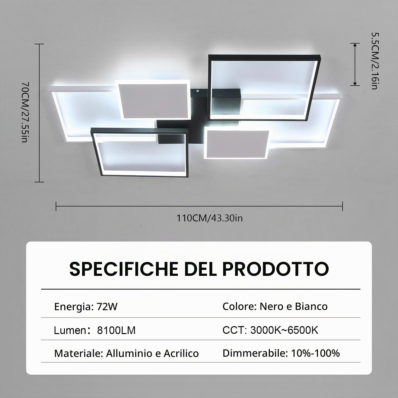 Plafoniera LED da Soffitto 110CM, 72W 8100LM Lampada Dimmerabile con Telecomando, 3000K-6000K, per Camera da Letto, Cucina, Soggiorno, Studio, Nero+Bianco