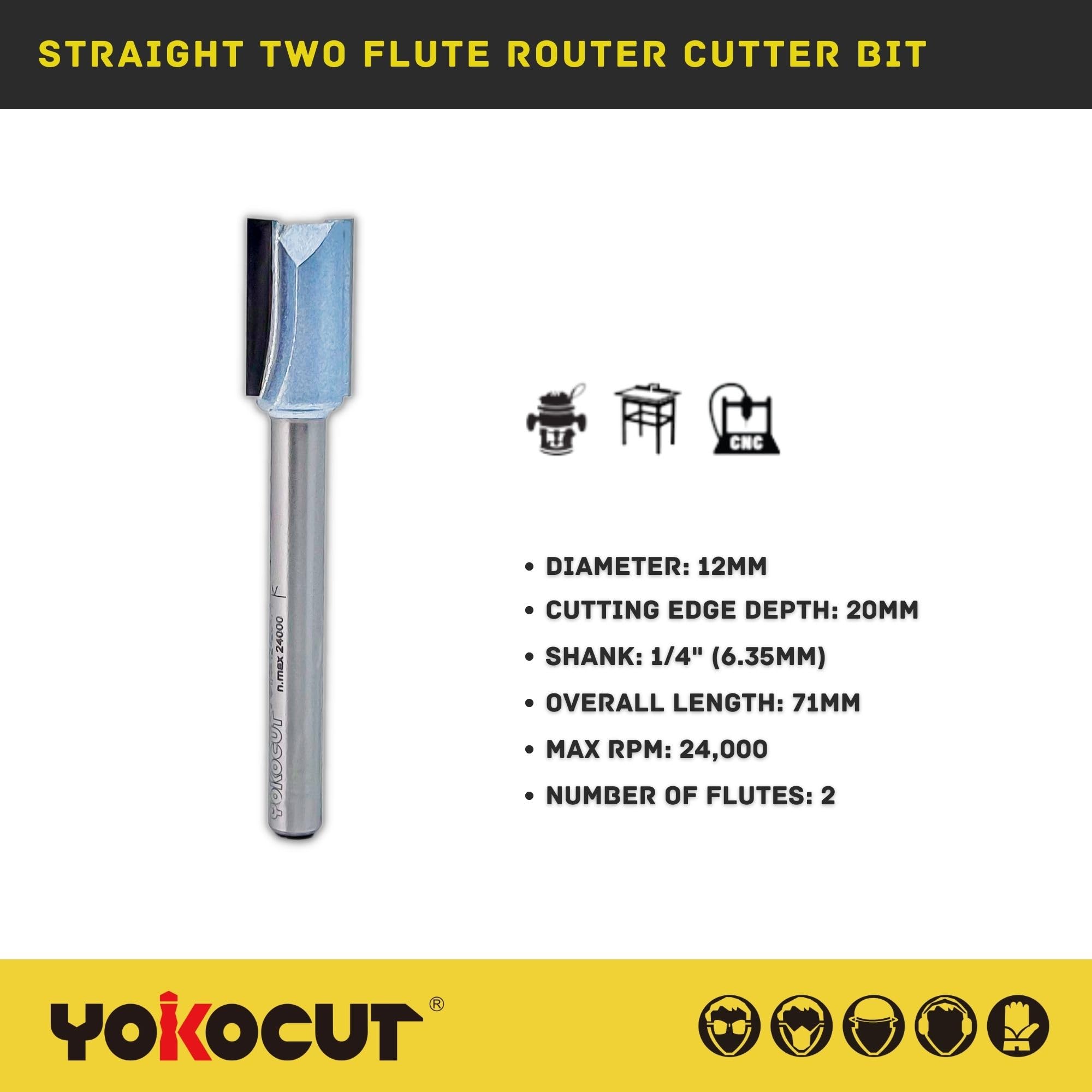 YOKOCUT Straight Two Flute Router Cutter Bit, 1/4 Inch Shank, 12mm Cut Diameter & 20mm Cut Length - Image 2
