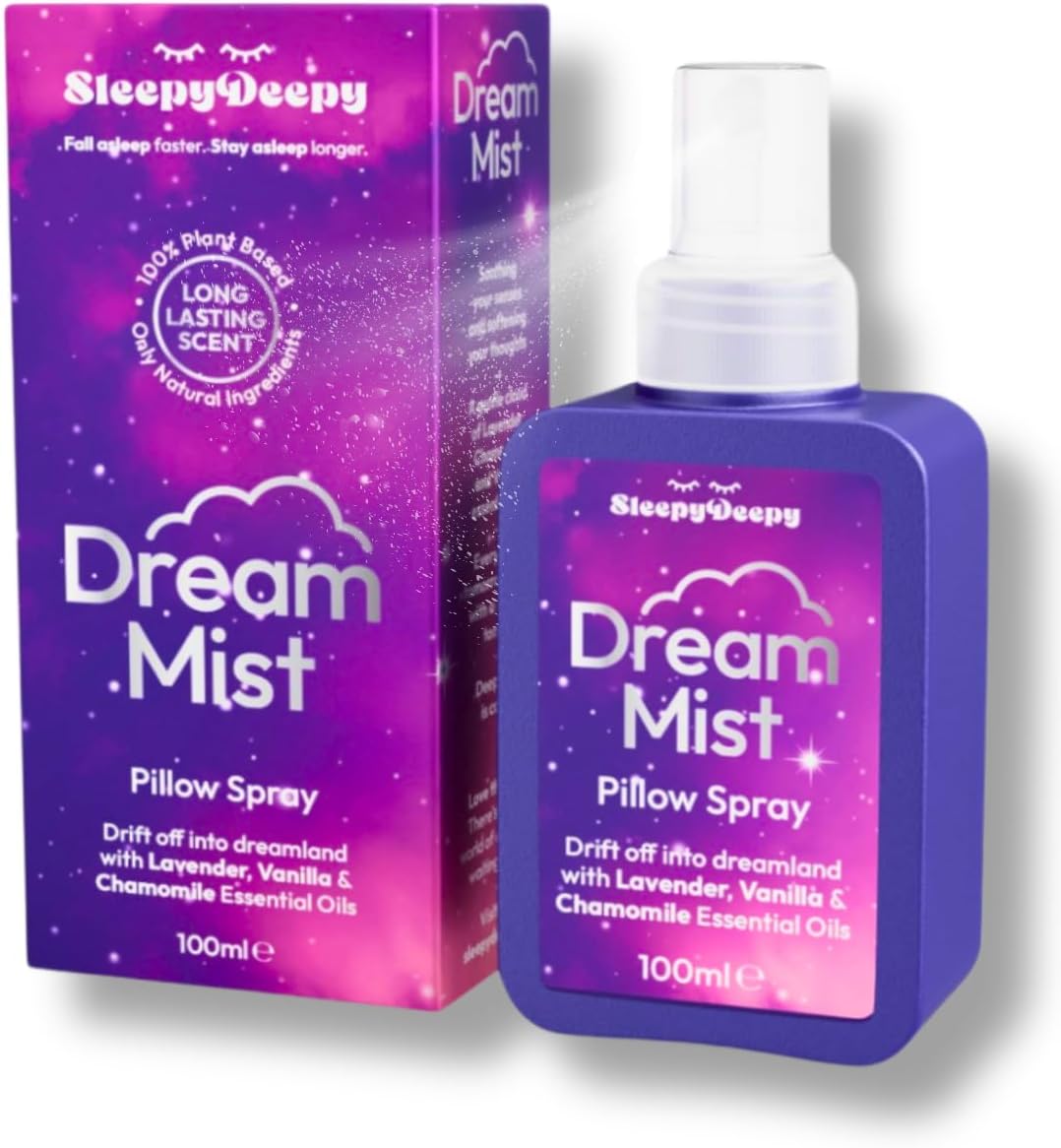 DreamMist 100ml Deep Sleep Pillow Spray by SleepyDeepy | 100% Natural & Plant Based | Scents Include Calming Lavender, Relaxing Chamomile, Warm & Cosy Vanilla | Sleep Aid to Relax & Unwind at Bedtime.