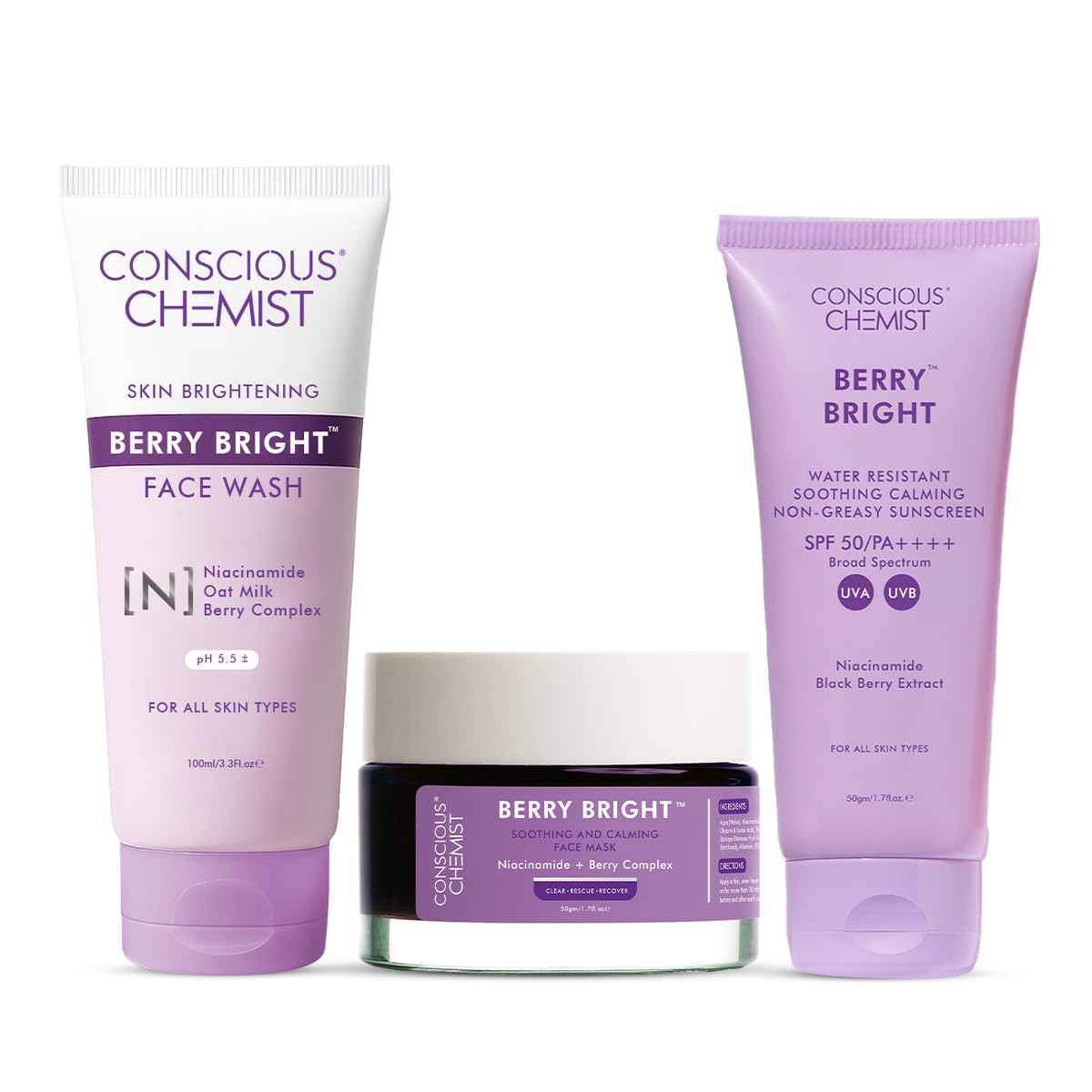 Conscious Chemist Berry Bright Bestsellers Luxury Skincare Gifting Kit|Face Wash For Dry Skin Face Mask&SPF 50 Sunscreen With Niacinamide&Berry Extracts|For Men&Women - Pack Of 3