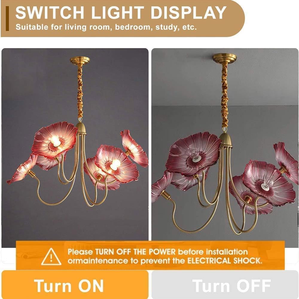 Modern Nordic Chandeliers with 6-Lights,Lotus Leaf Glass Pendant Lights Fixtures Hanging Lamp,French Classic Floral Pendant Lighting for Living Room Dining Room Bedroom (Red)