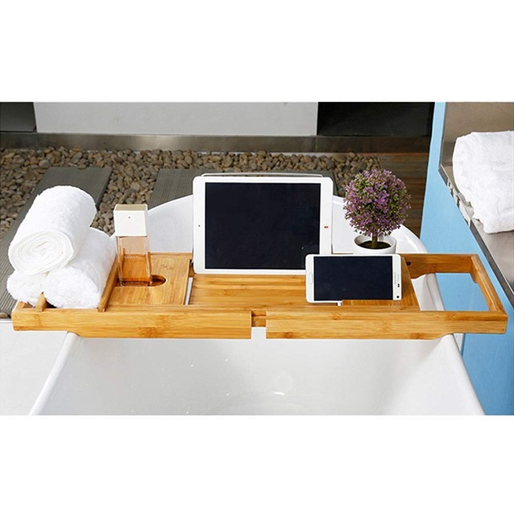 Estante para bañera, bandeja de bambú multifuncional, retráctil, soporte grande para teléfono, disfruta de tu tiempo de baño (75 x 23 x 4,5 cm, color bambú)
