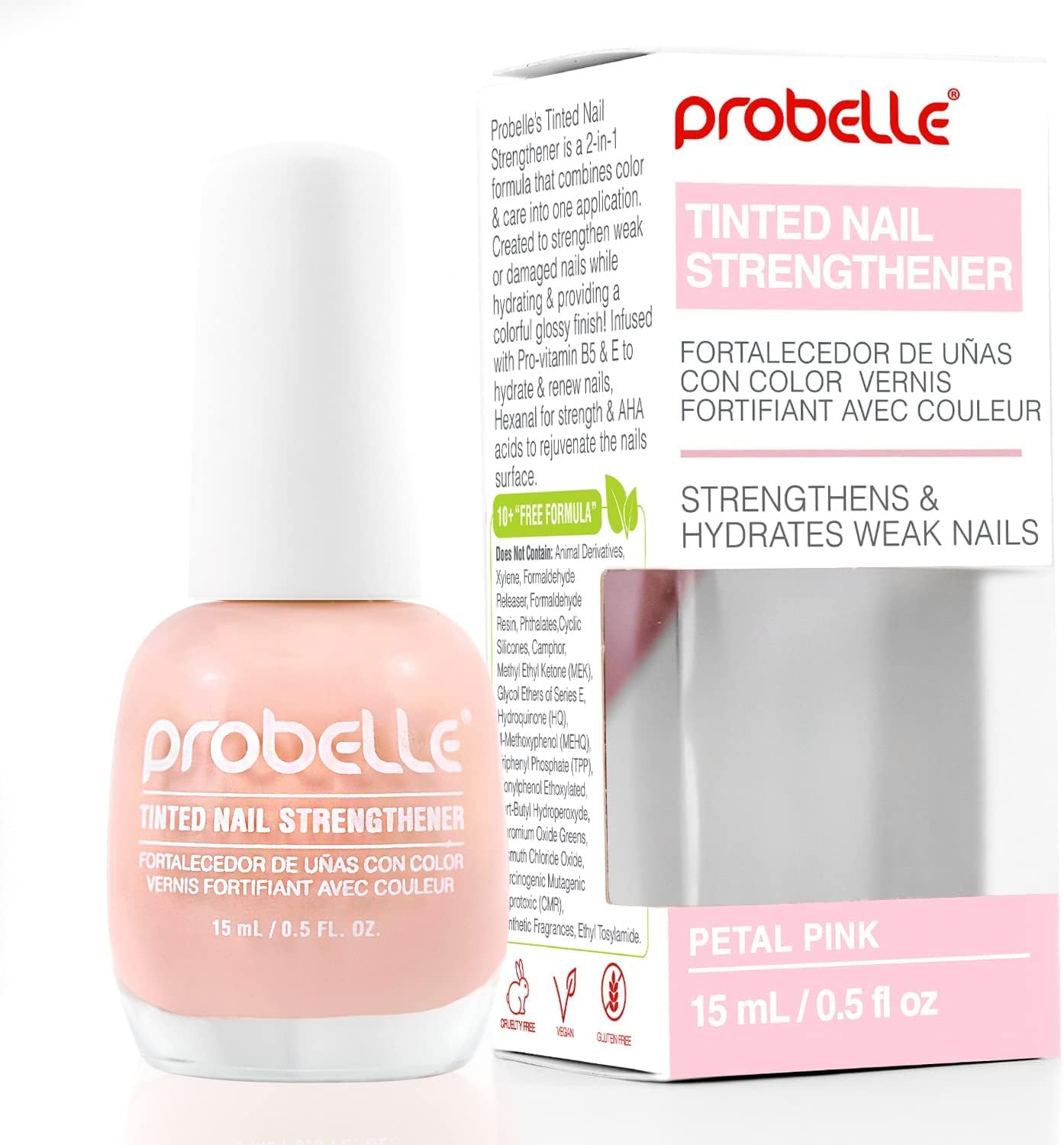 Probelle Tinted Nail Strengthener | Petal Pink | 15ml | Strengthens and Hydrates Weak Nails | Infused with Pro-Vitamin B5 & E | Glossy Tinted Finish