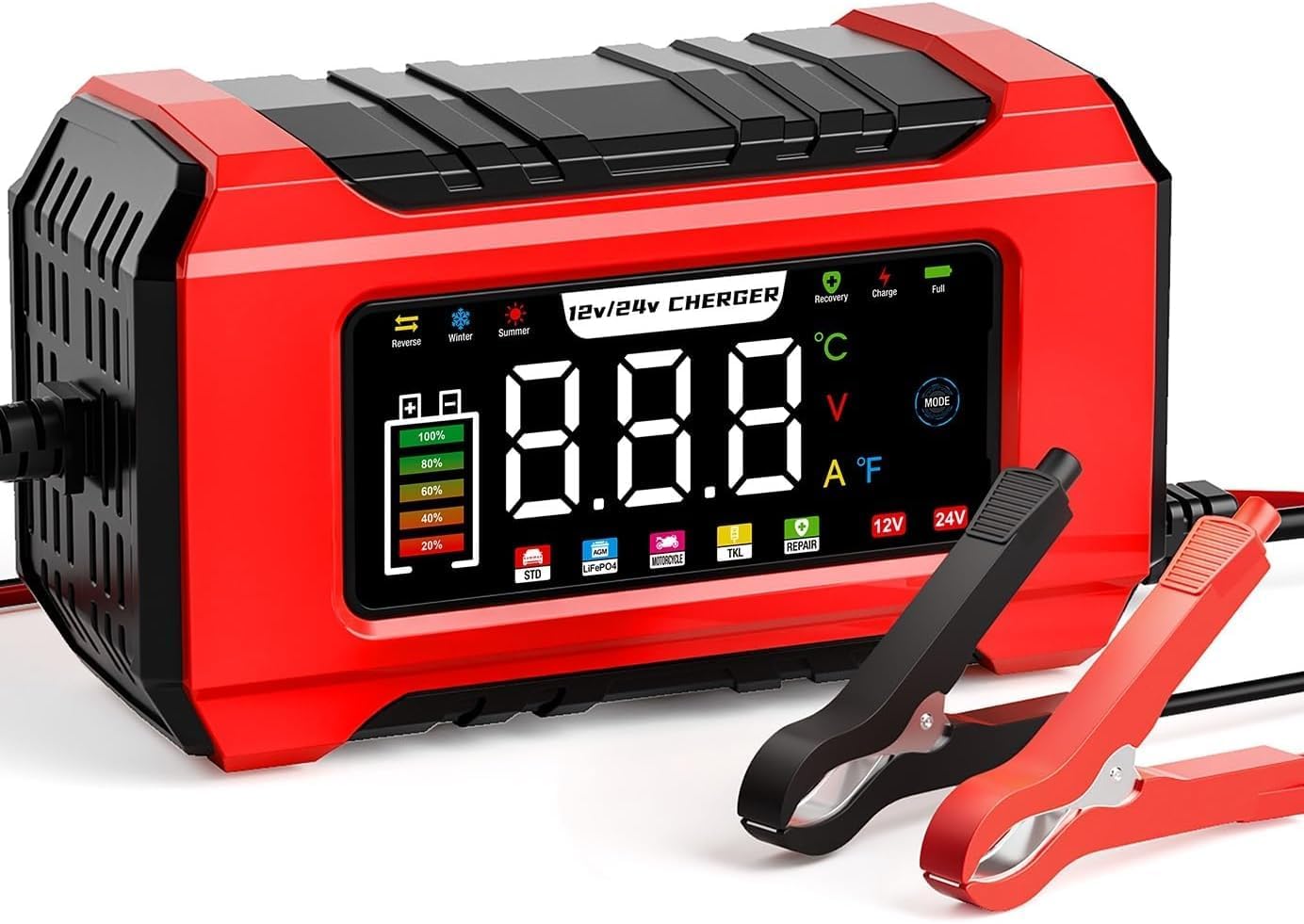 15A Auto Batterien Ladegerät, Aibeau 12V/24V Intelligentes KFZ Autobatterie Ladegerät mit 9-Stufen-Ladung, LCD-Bildschirm für Auto, AGM, Gel Blei-Säure-Batterien und LiFePO4-Batterien - Amazon product rated Grade B