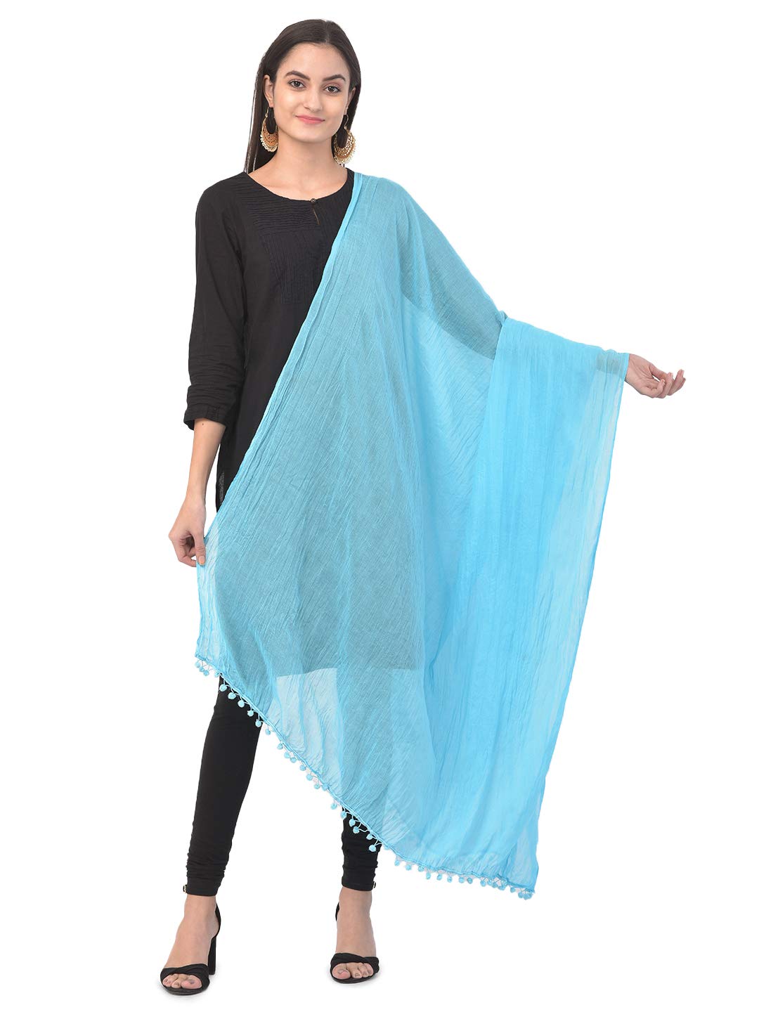 Ananya Fashion & Crafts Hub Women's Sky Blue Solid Color Cotton Dupatta For Indian Style With Pom Pom Scarves Wrap Shawl Length 2.25 Meter 24 Inch