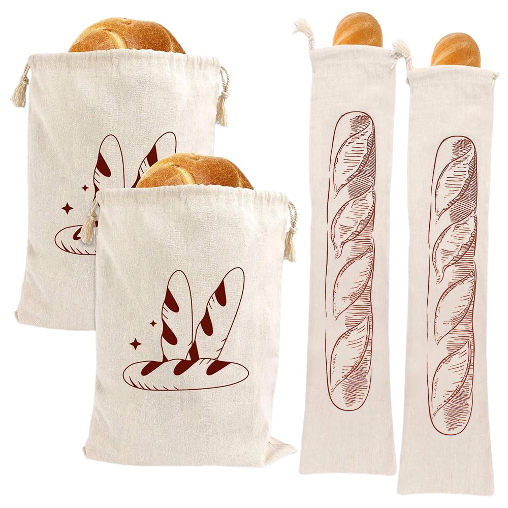 FooYee 3 Pack Reusable Bread Bags - baguette and bread pattern, Toaster Bags Reusable Nonstick, Eco-Friendly Cotton Bag for Potato, Onion & Garlic with Drawstring Closure(30cm x 40cm, 60cm x 14cm)