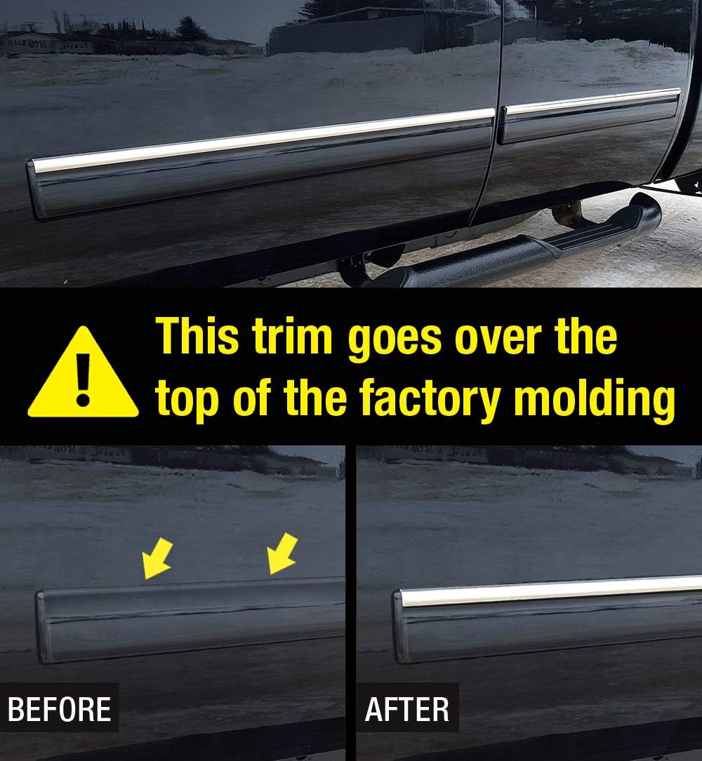 MaxMate Made in USA! Compatible with 2009-2013 Chevy Silverado Extended Cab Rocker Panel Chrome Stainless Steel Body Side Moulding Molding Trim Cover Top 1" Wide 4PC Overlay