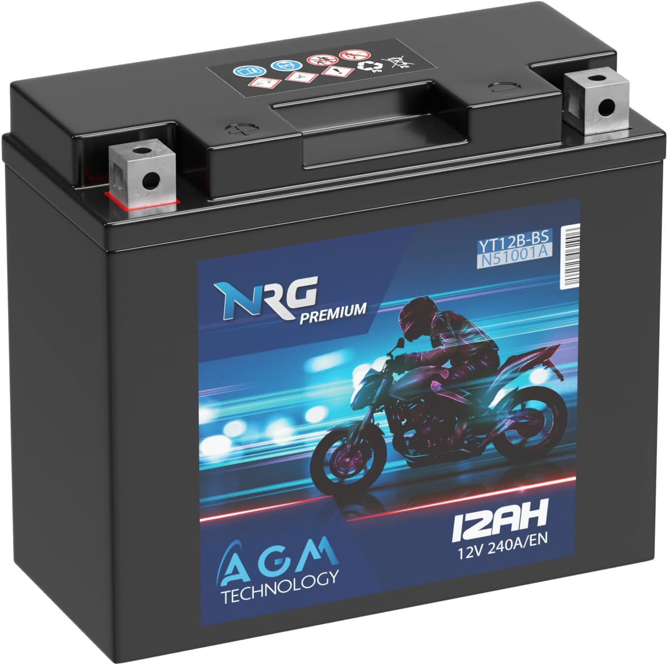NRG Premium YT12BBS AGM Motorcycle Battery 12Ah 12V 240A/EN Battery 51001 51015 YT12B4 CT12B4