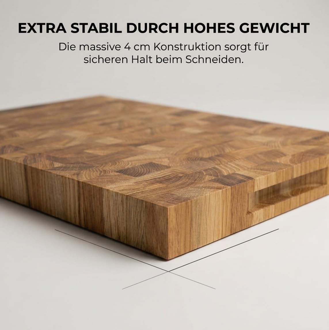 Stirnholz Schneidebrett aus Eiche 40x30x4 cm – Massives Holz Schneidebrett, Hackblock Küche, Messerschonend, Extra Stabil, Beidseitig Nutzbar