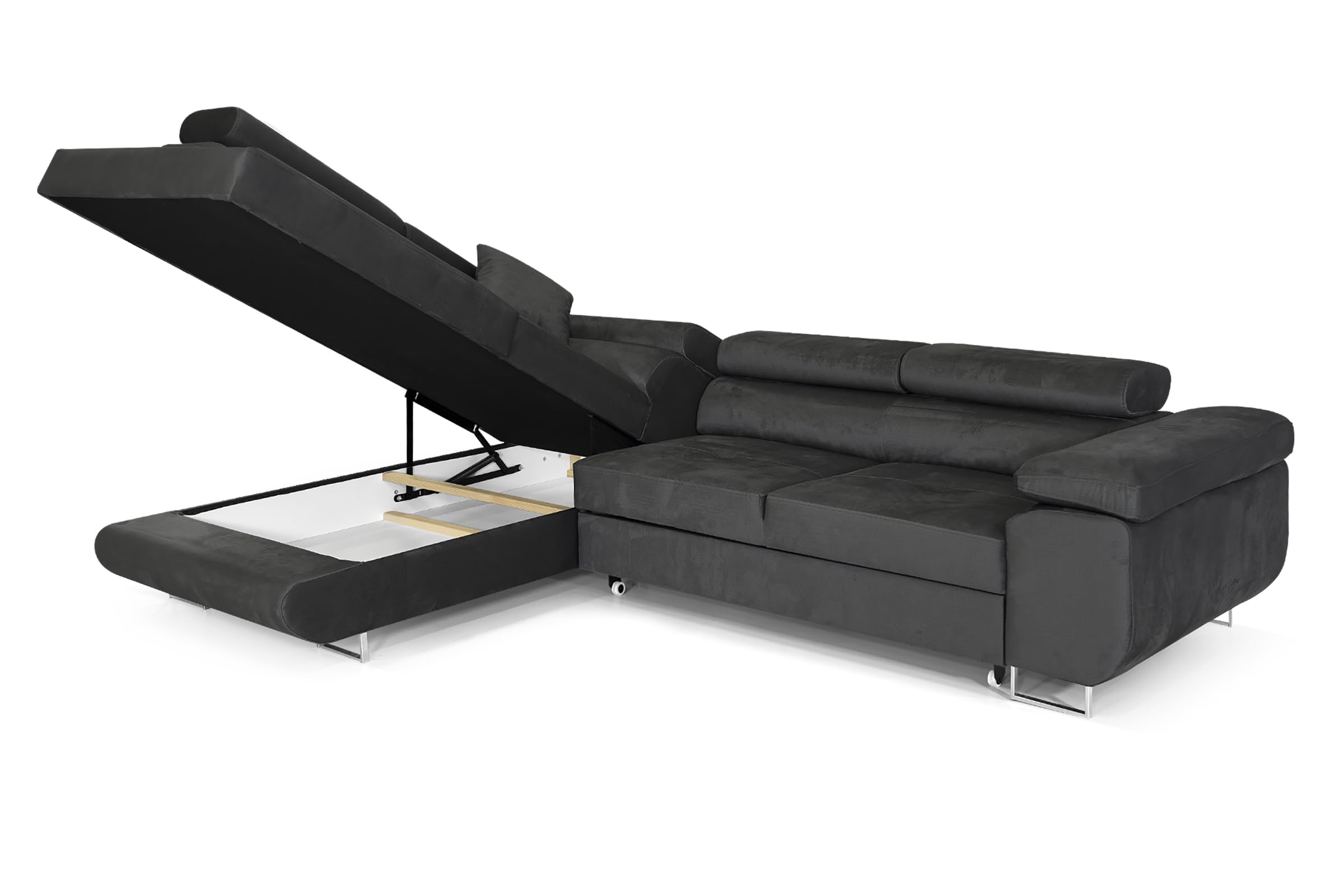 Ecksofa mit Schlaffunktion PASTI L-Form, Sofa Couch mit Bettkasten, 3-Sitzer Eckcouch, Schlafsofa für Wohnzimmer, Big Sofa Couch mit Schlaffunktion (Dunkelgrau, Ottomane Links)