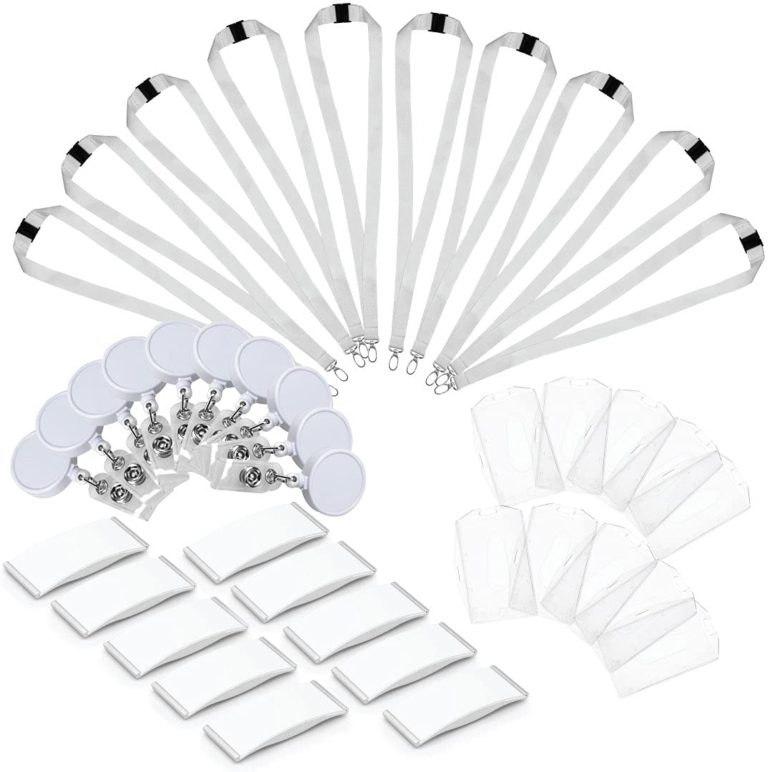 TezkarOffice ID Solution bundle, 10 pcs 128 reel badge white. 10 pcs lanyard, 10 pcs Clear Rigid PVC ID Card Holder, 10 pcs Reusable insert name badge