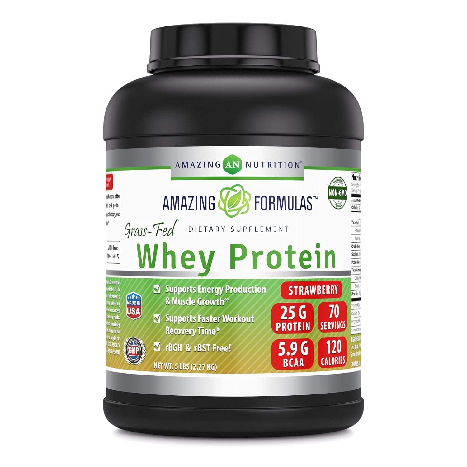 Suplemento de proteína de suero de leche de vaca alimentada con pasto de Amazing Formulas | Sabor a fresa | 25 g de proteína | 2.2 kg | Sin OMG | Sin gluten | Hecho en EE. UU.