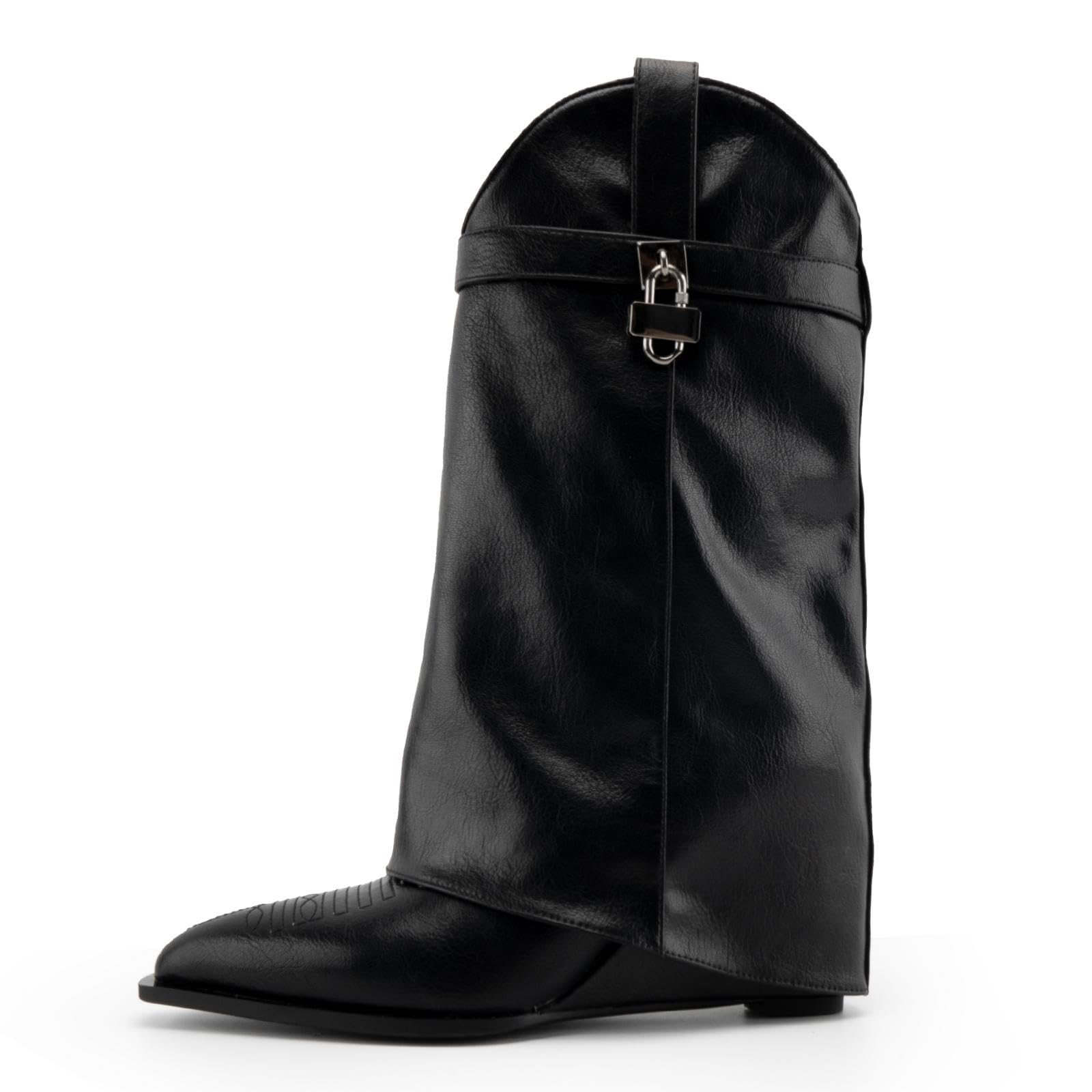 heelchic Fold Over Boots for Women Printed Floral Knee High Boots Covered Wedge Heel Boot Shark Lock Boots