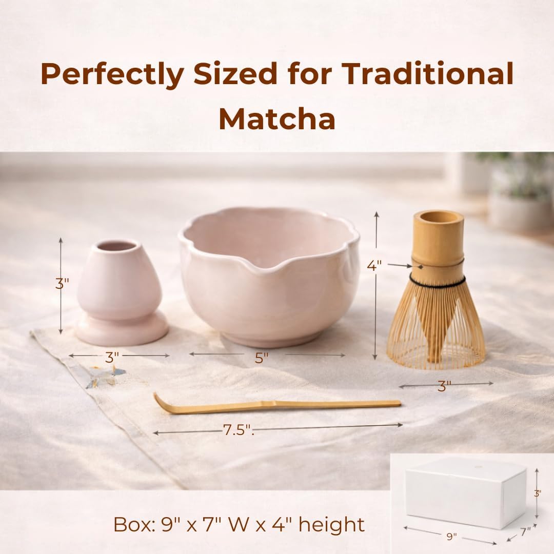 Sukami Sakura Matcha Whisk Set – Luxury 4-Piece Japanese Tea Making with Chawan Cherry Blossom Bowl, Bamboo Whisk, Scoop & Holder – Pink Matcha Set Perfect as Tea Bar Accessories – Home Gift for Her