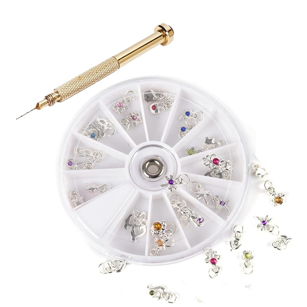 1 Set Dangle Nail Charm Art Piercing Tool Hand Drill and Beaded Rings for Tips, Acrylic, Gels and Decorations,24 pcs and Drill Bit by PIAOPIAONIU