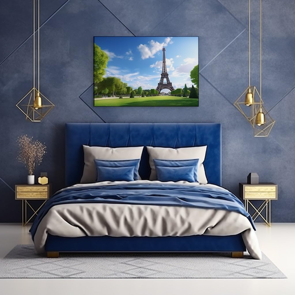 Canvas for Living room. Eiffel Tower Majesty - Where Green Meets Sky and Iron Soars, 27 x 18 inch Canvas Wall Art - Modern Home Decor